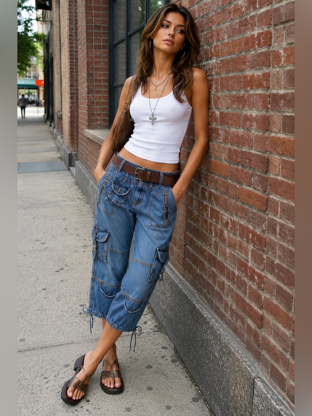 The Limited Y2K Cargo Capri Jeans Blue Denim Utility Cropped Size 8
